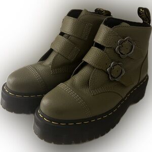 Dr Martens Devon Flower Buckle Leather Platform Boots - Green